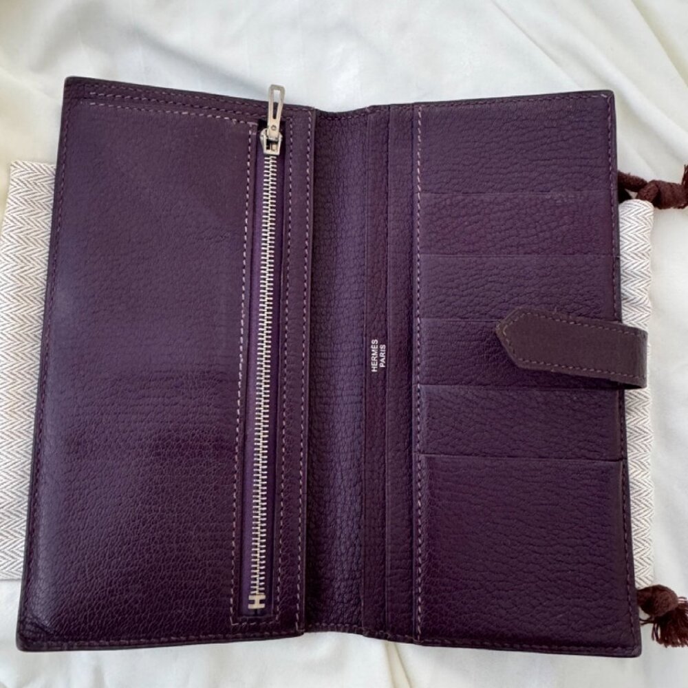 Auth Hermes Chevre Leather Raisin Purple Bearn Wallet - Picture 7 of 11
